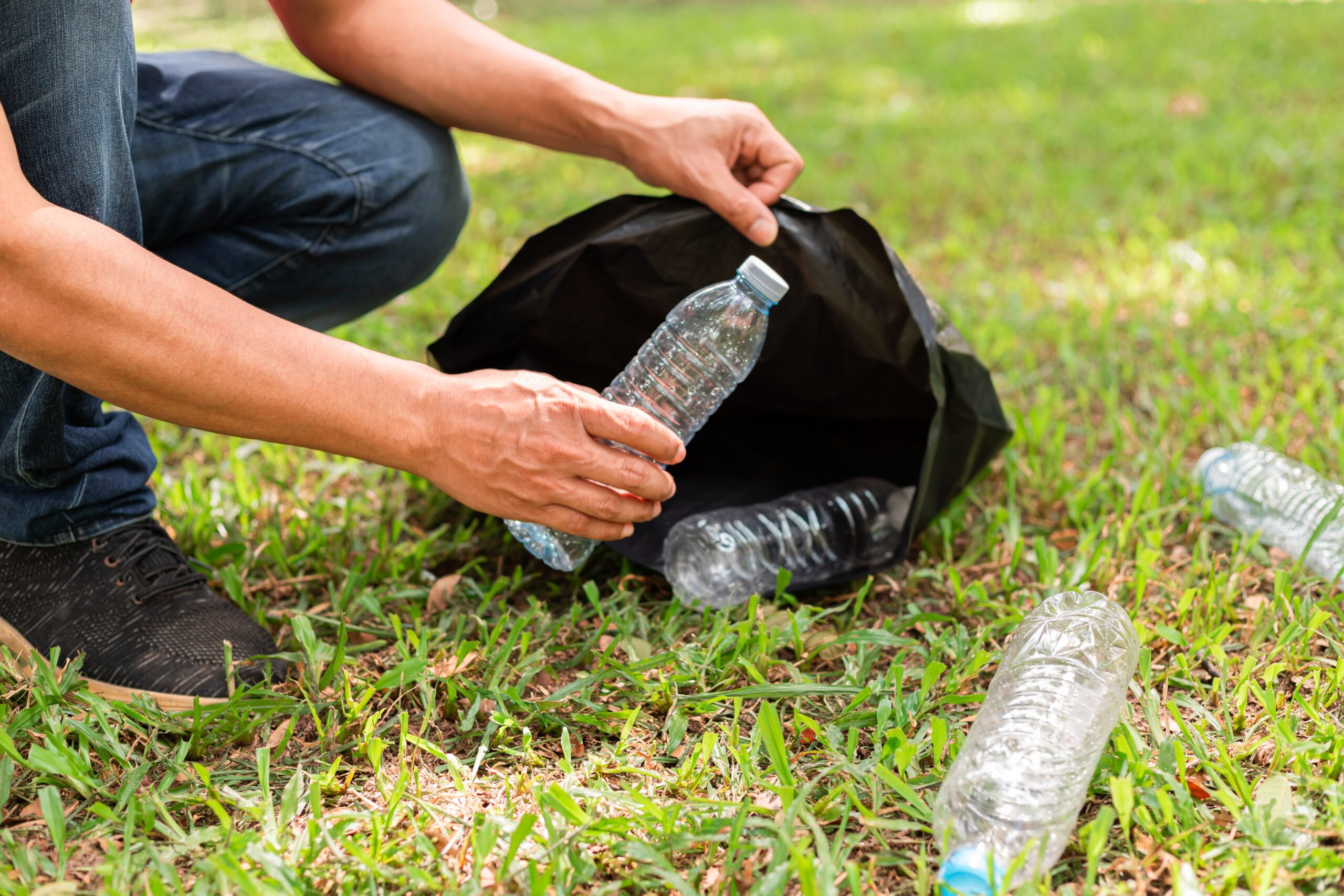 people collecting plastic bottles